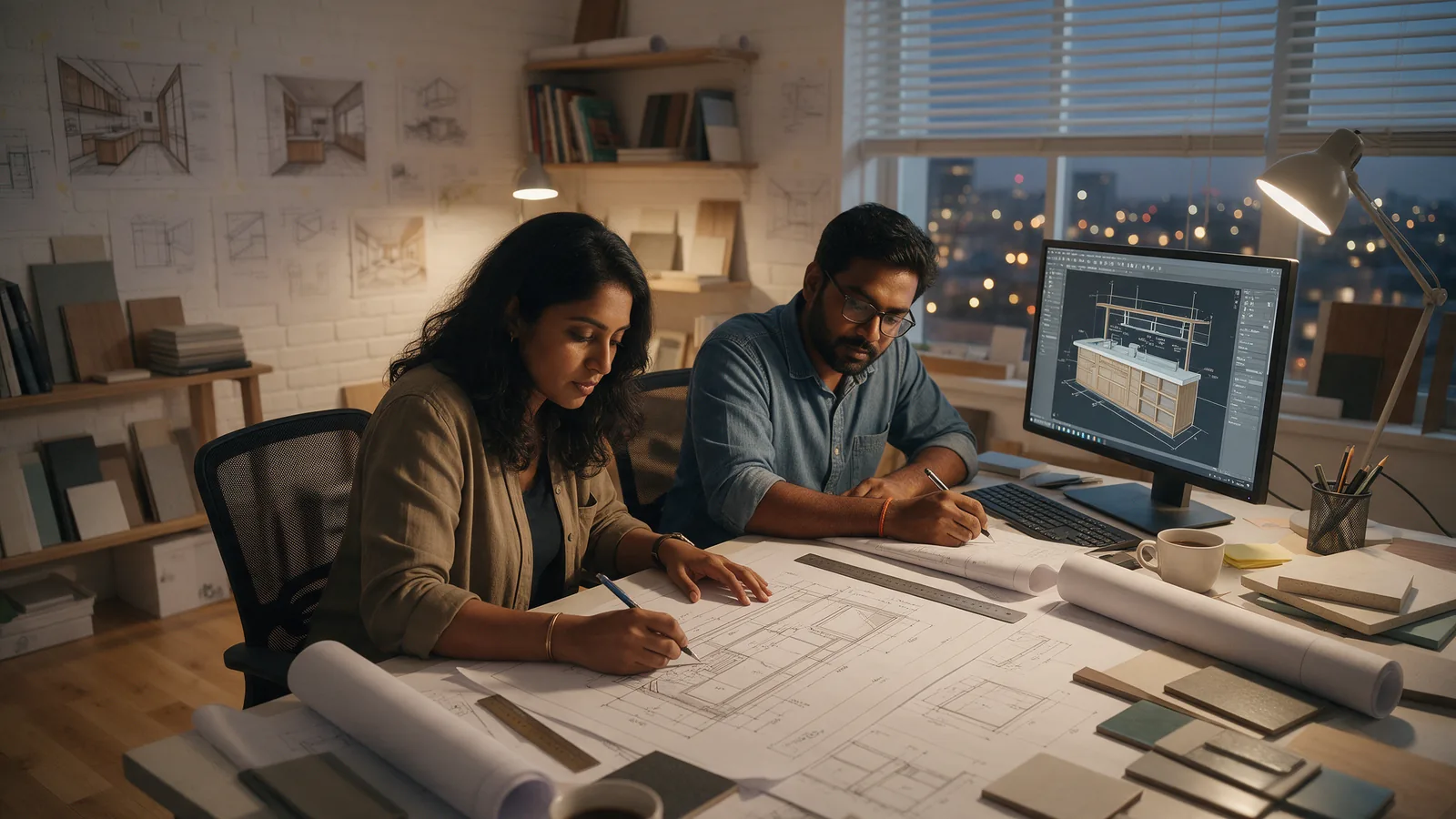 Designer and production engineer marking up counter shop drawings beside a CAD model during a design sprint